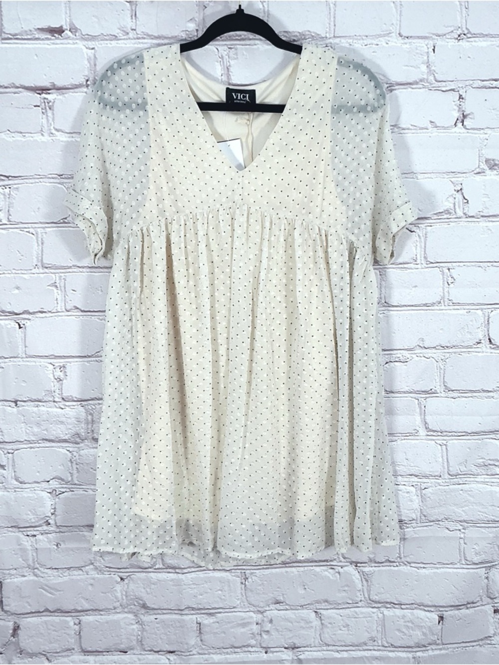New Vici x Fate Babydoll Dress Swiss Dot Cream Mini Pullover Size XS